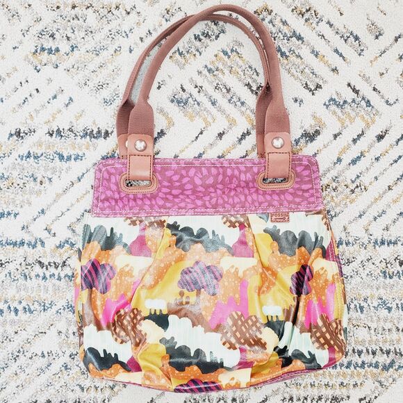 Fossil Handbags - VTG Fossil Key Per Tote Shoulder Bag Coated Purple Geometric Print Funky Y2K